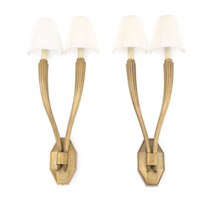 Art Deco Style Brass 2-Branch Wall Sconces, Pair