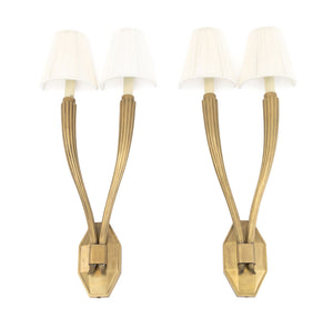 Art Deco Style Brass 2-Branch Wall Sconces, Pair