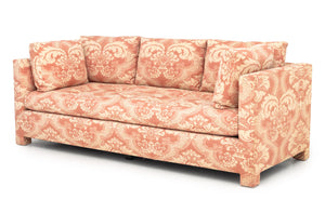 Pink and White Linen Upholstered Three-Seat Sofa