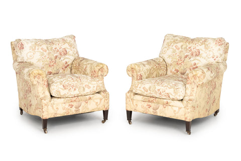 George Smith Floral Upholstered Armchairs, Pair