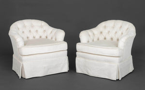 Tufted White Upholstered Swivel Chairs, Pair
