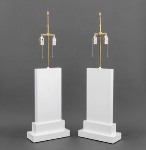 Minimalist White Painted Wood Table Lamps, Pair