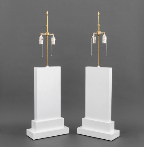 Minimalist White Painted Wood Table Lamps, Pair