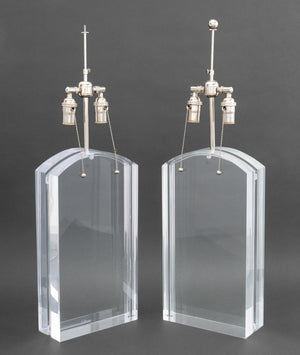 Modern Clear Acrylic and Chrome Table Lamps, Pair
