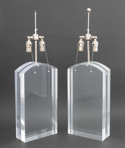 Modern Clear Acrylic and Chrome Table Lamps, Pair