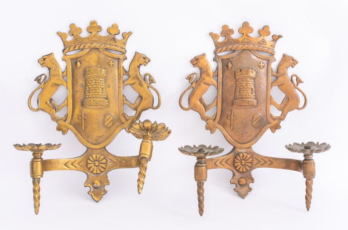 Spanish Style Heraldic Two Light Sconces, pair