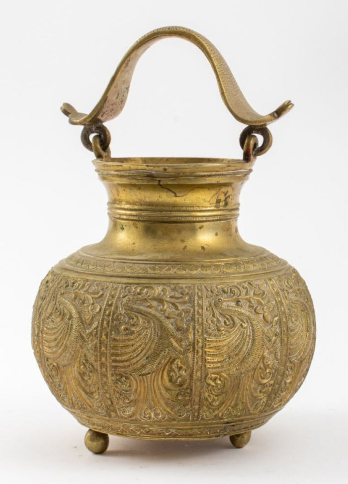 Asian Hand-Chased Brass Vessel with Crane Motif