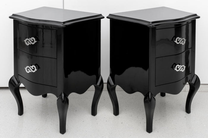 Rococo Revival Black Lacquered Nightstand, Pair
