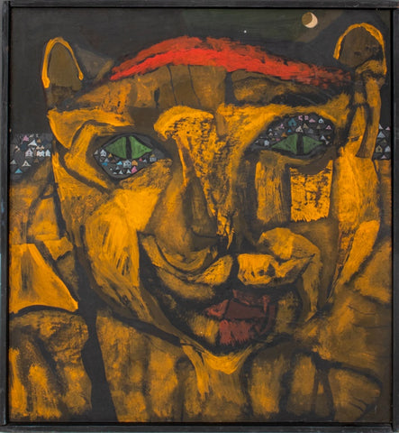 Folk Art Abstract Landscape Feline Oil on Board