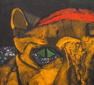 Folk Art Abstract Landscape Feline Oil on Board (9619560595763)