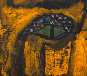 Folk Art Abstract Landscape Feline Oil on Board (9619560595763)