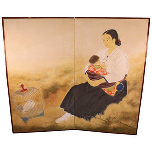 Shibata Suika Japanese Painted Paper Screen with Okinawan Mother and Child (6719834554525)