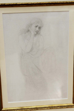 Academic Pencil Drawing of Pensive Woman, Framed (6719968051357)