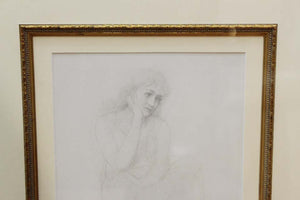 Academic Pencil Drawing of Pensive Woman, Framed (6719968051357)