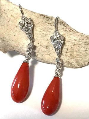 Art Deco Platinum Coral and Diamond Drop Earrings (6719981584541)