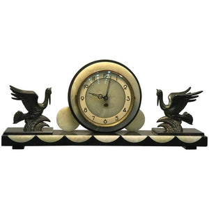 French Art Deco Marble and Onyx Mantel Clock with Flying Herons (6719836749981)