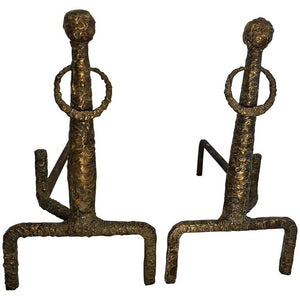 Italian Sculpted Bronze Andirons in the Manner of Giacometti  (6719817187485)