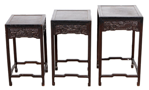 Chinese Carved Ebonized Nesting Tables, Set of 3