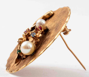 14K Gold Colored Stones Pearl Disc Brooch (7368153202845)