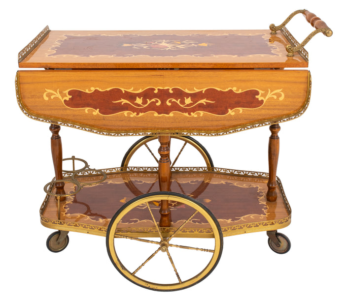 Hollywood Regency Wood Inlaid Bar Cart