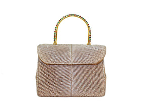 Judith Leiber Taupe Reptile Pattern Handbag with Green, Blue, and Red Jeweled Handle. (6719721046173)