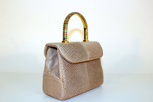 Judith Leiber Taupe Reptile Pattern Handbag with Green, Blue, and Red Jeweled Handle. (6719721046173)