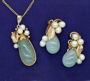 Ming's Pendant, Necklace and Earrings Set in Gold with Jade and Pearl Set (6719963758749)