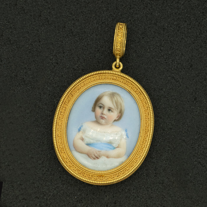 Etruscan Revival 18K Yellow Gold Locket Pendant with a Child’s Portrait