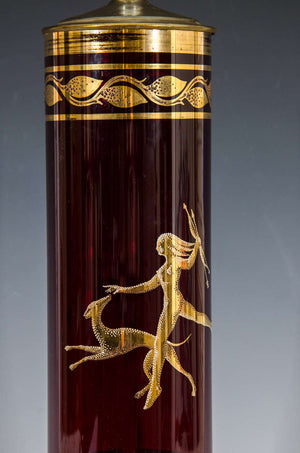 Table Lamp in Ruby Colored Glass with Classically Inspired Design Depicting a Woman and Dog (6719578833053)